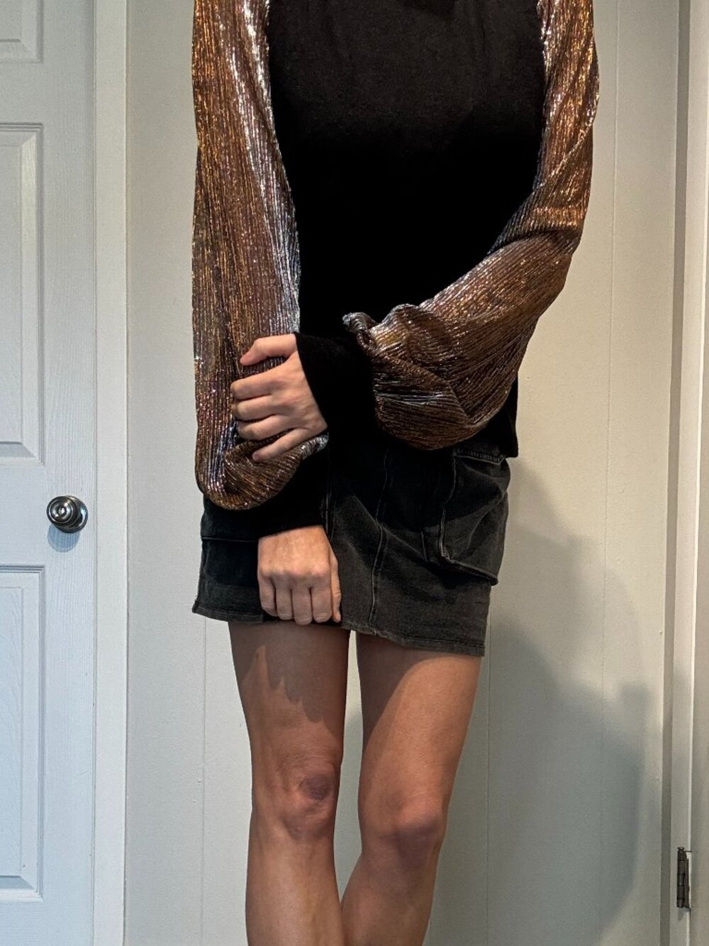 Black Top with Metallic Statement Balloon Sleeves